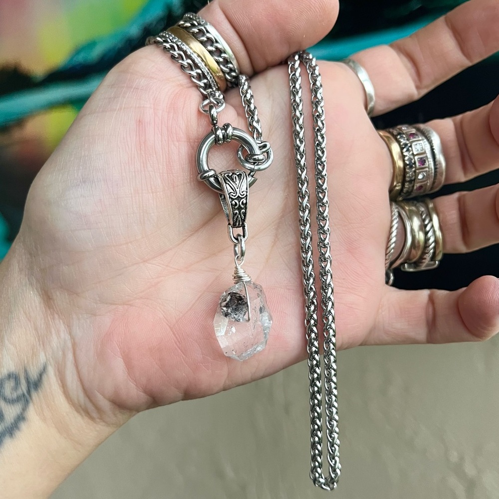 Genuine big herkimer diamond stainless steel wheat chain clasp in front necklace - Picture 9 of 15